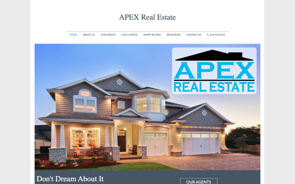 Screenshot of the APEX Real Estate website homepage designed by Danielle Byrd.